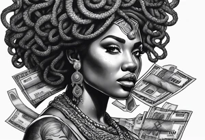 African medusa with money tattoo idea