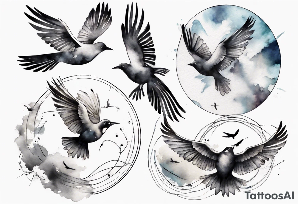 shoulder tattoo with light rays with birds flying free among the clouds, round shape, 3d effect tattoo idea