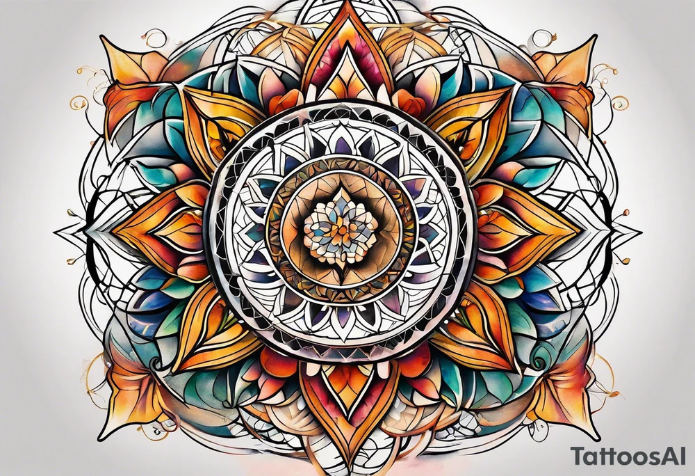 front knee tattoo with sacred geometry, swirls & washes, background and in fall colors tattoo idea