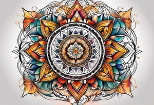 front knee tattoo with sacred geometry, swirls & washes, background and in fall colors tattoo idea