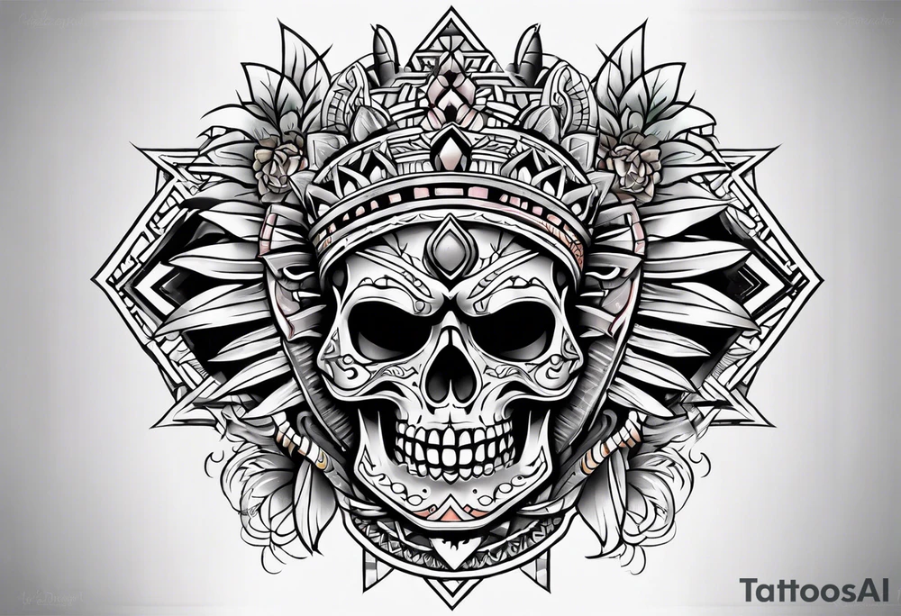 Old school knee tattoo with skulls and mayan symbols tattoo idea