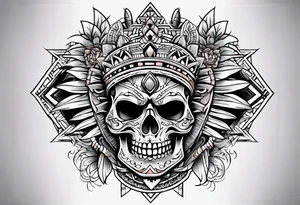 Old school knee tattoo with skulls and mayan symbols tattoo idea