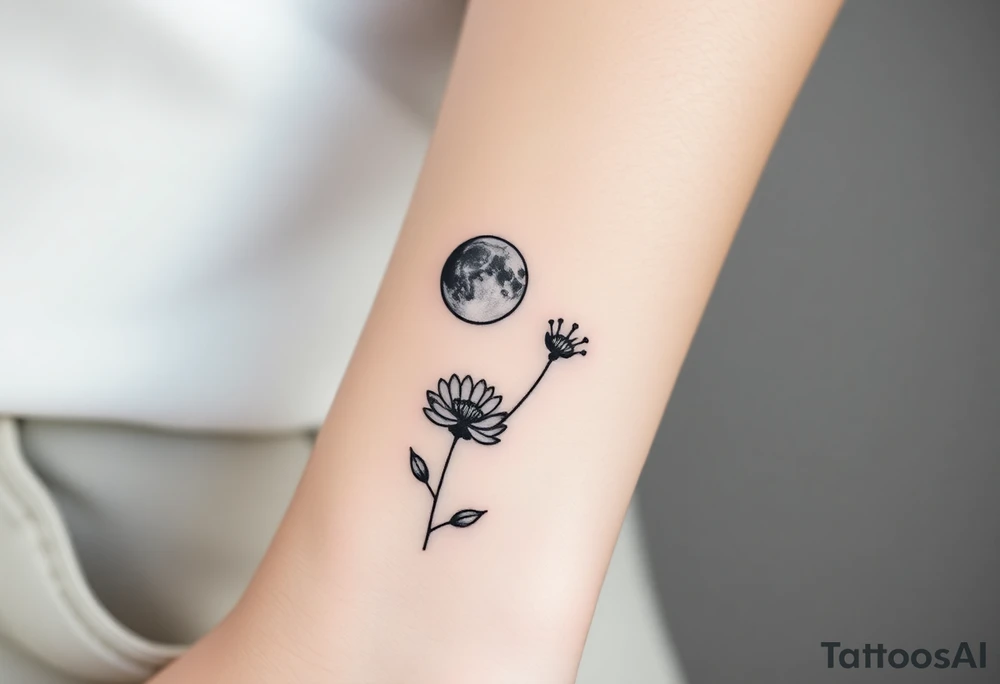 Small black ink minimalist tattoo with full moon, small chrysanthemum and tiny scorpio gliph tattoo idea