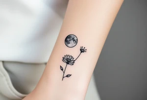 Small black ink minimalist tattoo with full moon, small chrysanthemum and tiny scorpio gliph tattoo idea