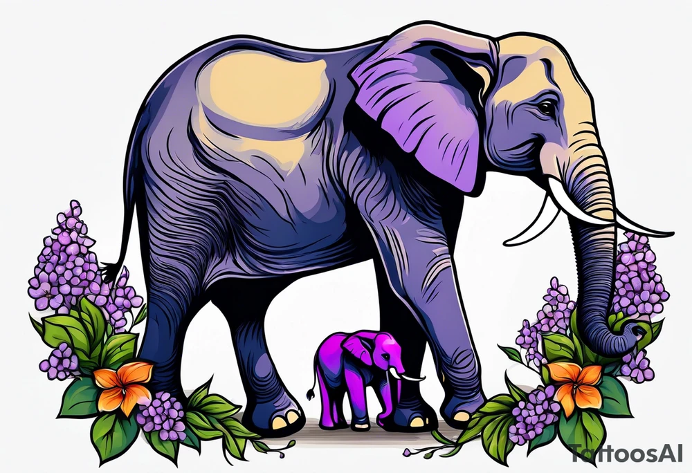 Elephant with baby Elephant holding lilacs tattoo idea