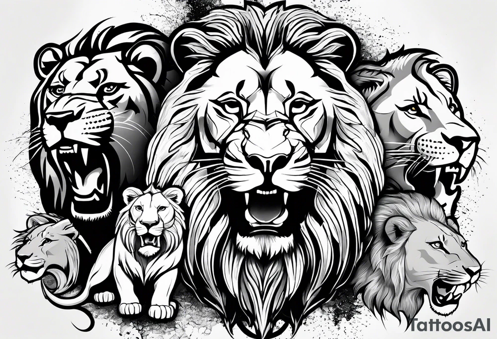 One roaring lion, next to it a roaring lioness, below them 3 roaring lion cubs and around a Star of David tattoo idea