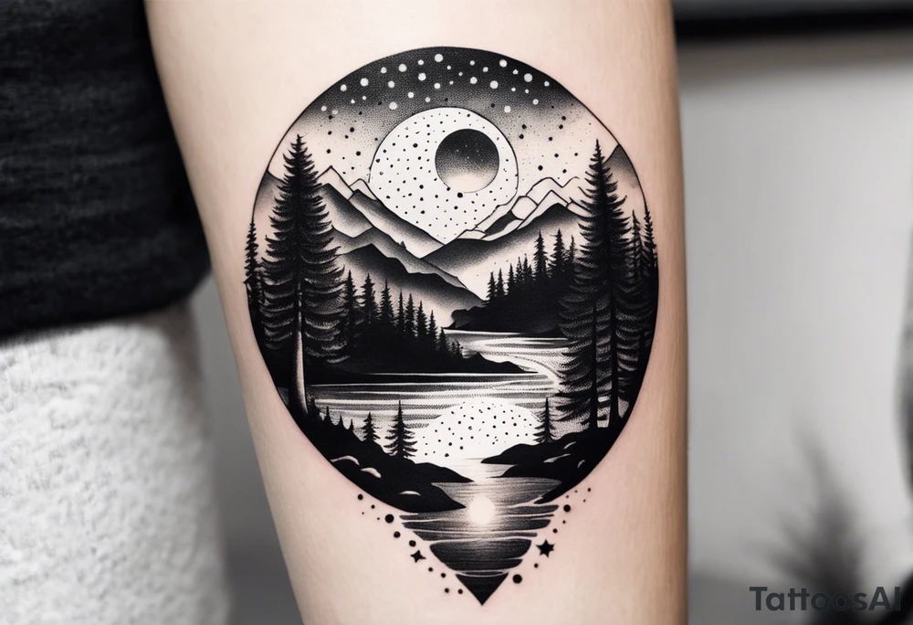 nature with mountains, waterfall, water, and a family of three in the background and and moon/sun in the sky with stars tattoo idea