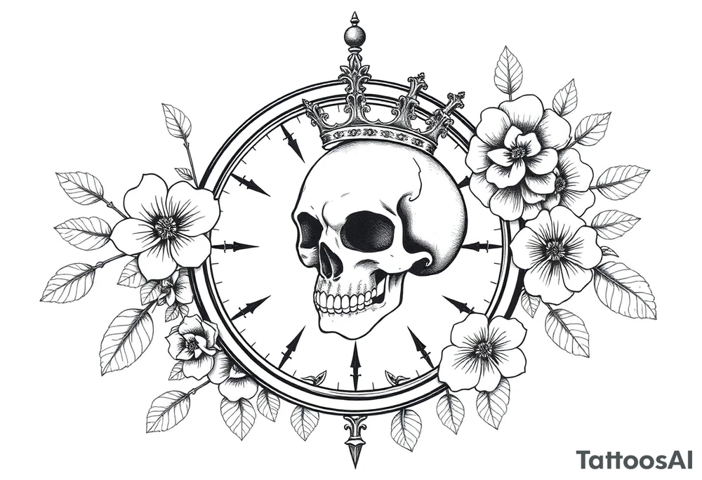 Compass with detailed beautiful gothic boho flowers on vine and skull with gorgeous crown tattoo idea
