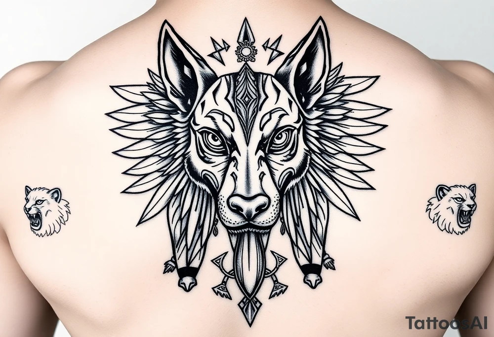 Egyptian Anubis god face muscle in Egypt style dog face surrounded Egyptian symbols and lions tattoo idea