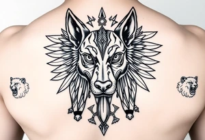 Egyptian Anubis god face muscle in Egypt style dog face surrounded Egyptian symbols and lions tattoo idea