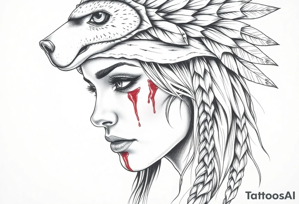 Beautiful Womans shedding a tear, with battle scars and blood on face, wearing dead bear headdress on head tattoo idea