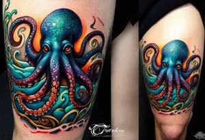 A shy but curious 8 inch tall octopus holding on to my leg for dear life while peaking around my calf tattoo idea