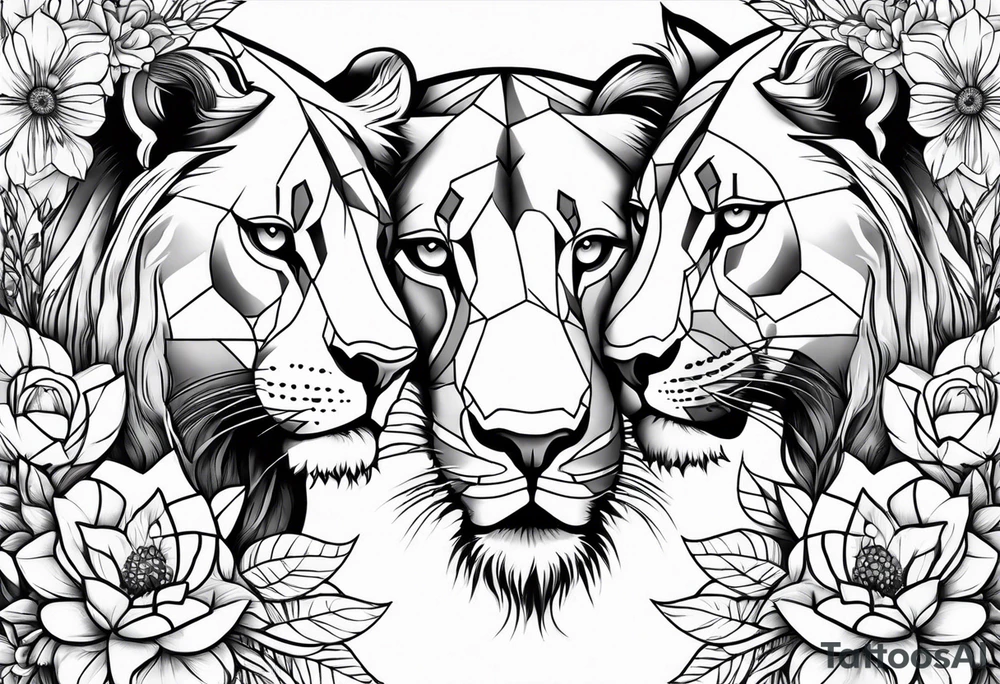 lionesses with flowers tattoo idea
