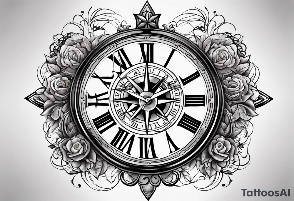 Cross with clock and compass tattoo idea