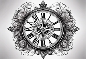 Cross with clock and compass tattoo idea