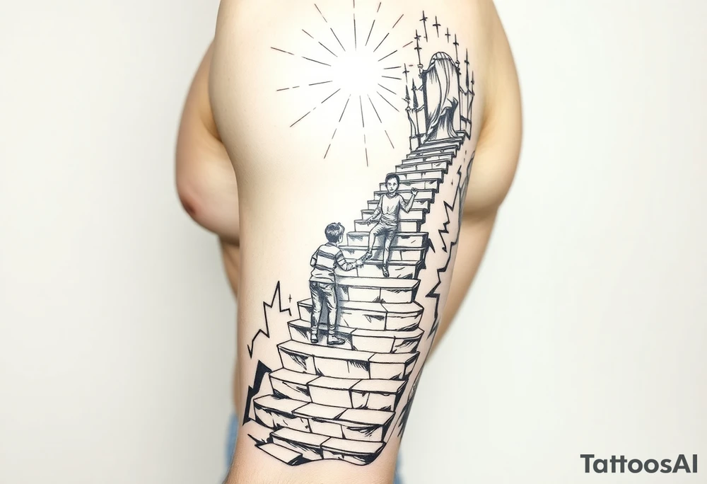 tattoo of a stairway to heaven with a little boy about to take the first step tattoo idea