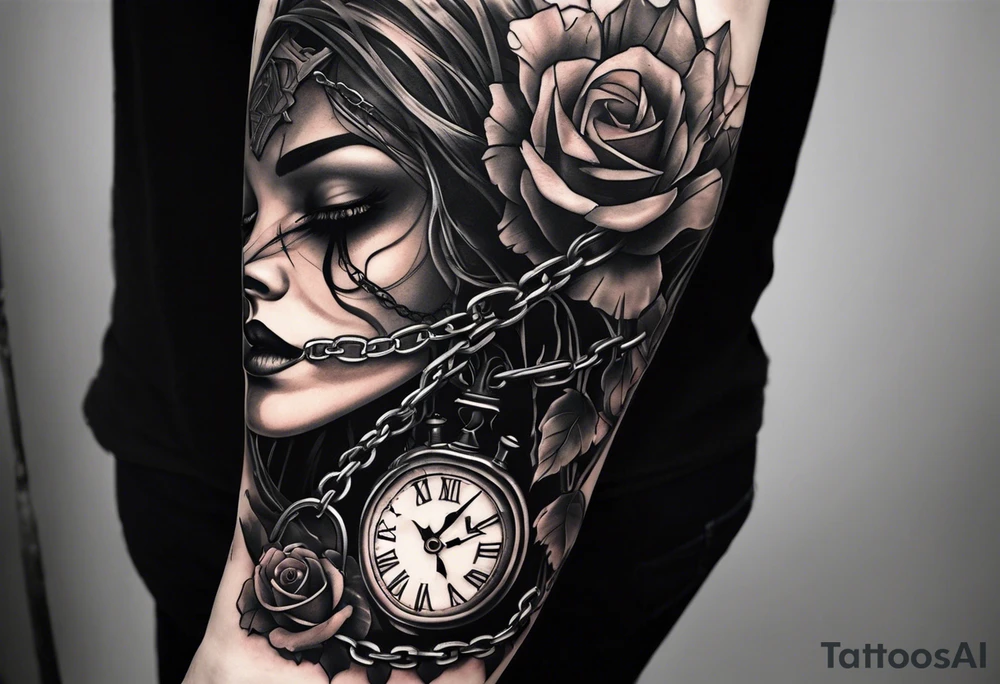 tattoo fool sleeve, tree roots break out of the chains at the bottom of the hand, Symbolizing loss, an image of a broken mask, Clock with flying numbers, girl, skull, roses tattoo idea