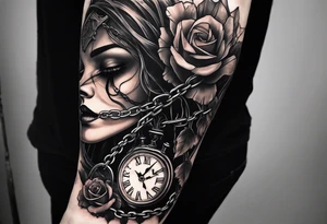 tattoo fool sleeve, tree roots break out of the chains at the bottom of the hand, Symbolizing loss, an image of a broken mask, Clock with flying numbers, girl, skull, roses tattoo idea