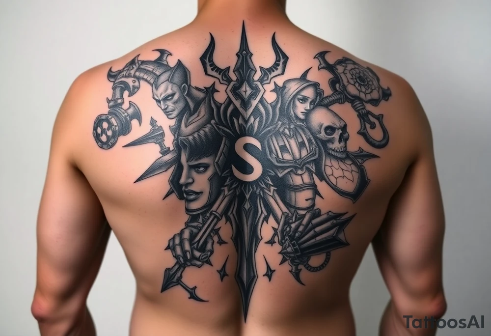 Dota 2 tattoo to fill out entire back with a lot of different heroes including pangolier tattoo idea