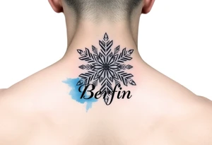 A white snowflake on Blue watercolor backround and the name „Berfin“ in it tattoo idea