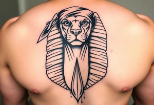 "Sphinx wearing a bandana, teardrop tattoo under 3 eye. 

Style: Prison tattoo meets hieroglyph carving. Black ink, chest piece." tattoo idea