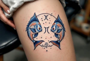 Twin fish form a circle around the Pisces star constellation with its zodiac sign in rich blues and soft peach ink. tattoo idea