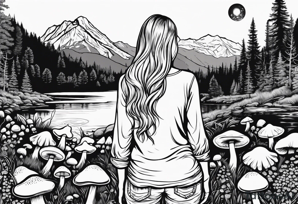 Whole picture encircled fully

Straight long blonde hair hippie girl in distance holding mushrooms in hand facing away toward mountains and creek surrounded by mushrooms long sleeve shirt and hiking pants; whole rendering within a full circle, no cut off circle tattoo idea