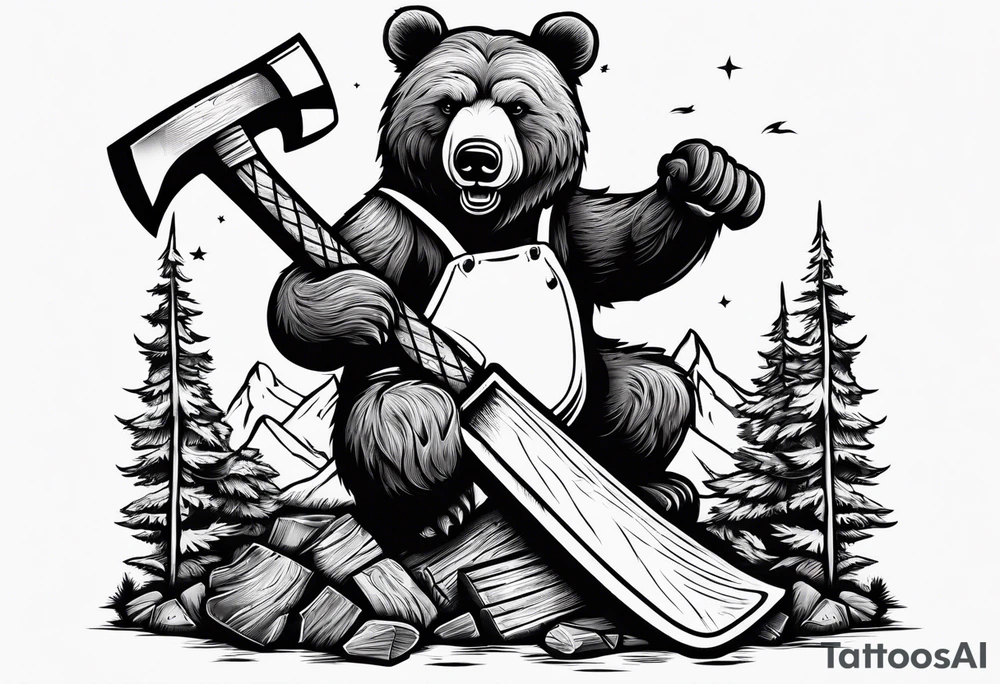 Half teddy bear and half grizzly bear holding a wood chopping ax tattoo idea