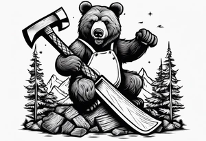 Half teddy bear and half grizzly bear holding a wood chopping ax tattoo idea