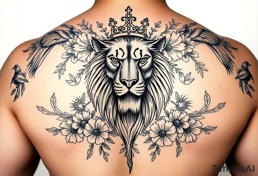powerful majestic lion with a crown, surrounded by floral ornaments and birds tattoo idea