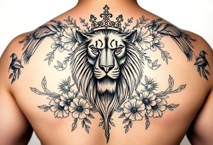powerful majestic lion with a crown, surrounded by floral ornaments and birds tattoo idea