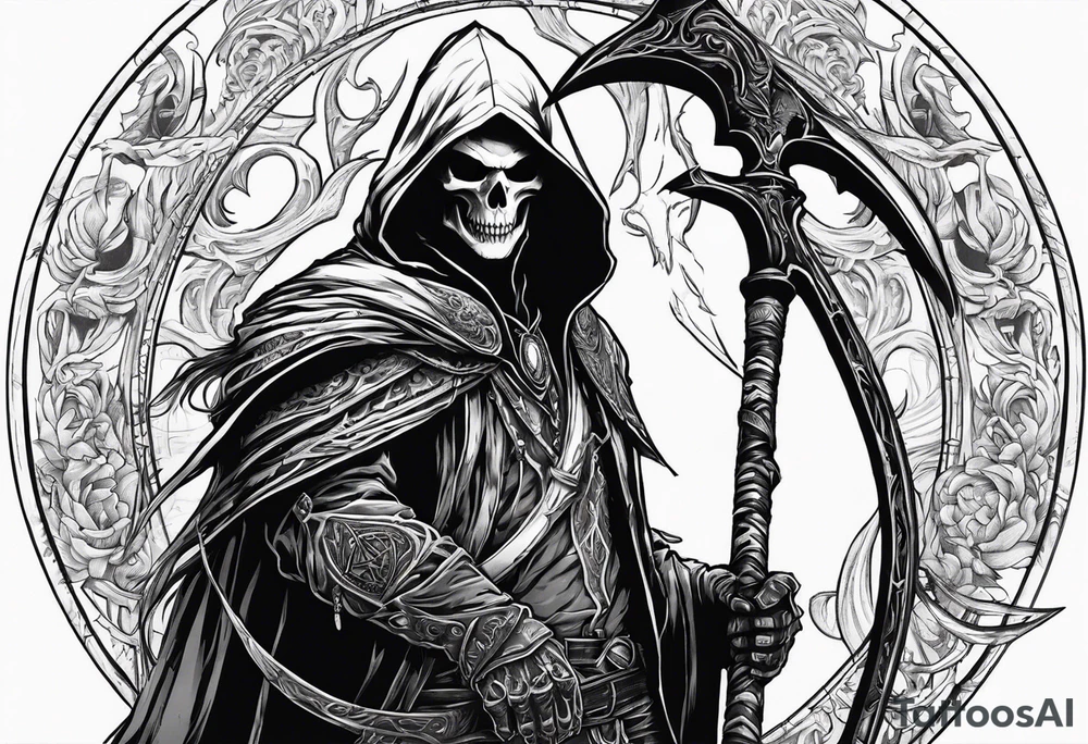 hooded human warlock holding a large scythe in 1 hand and raising a skeletal warrior under his other hand that is glowing tattoo idea