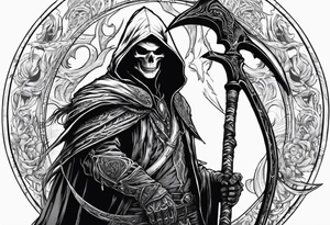 hooded human warlock holding a large scythe in 1 hand and raising a skeletal warrior under his other hand that is glowing tattoo idea