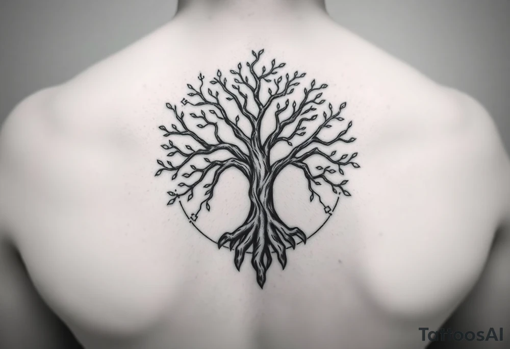 yggadrisl tree of life with circle. names Jai , Phoebe, Imogen, Matilda in the circle tattoo idea