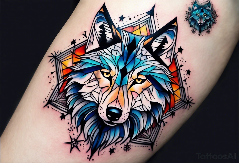 Constellation, two animal wolf, géométric, snowflake tattoo idea