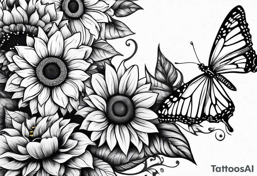 Arm sleeve with sunflowers and butterflies tattoo idea