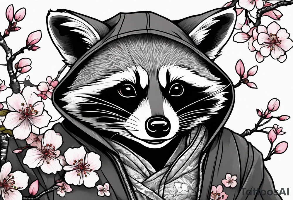 Raccoon wearing a Superman hoodie and Japanese cherry blossoms tattoo idea