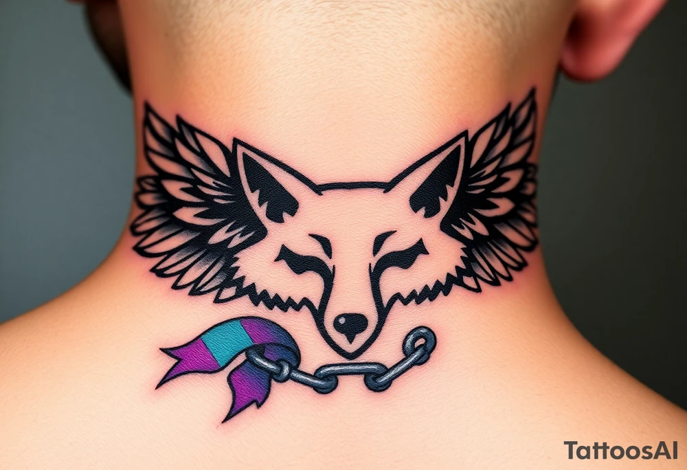 Fox company racing fox logo 
The original
Wrapped in angel wings
Add a teal and purple ribbon with a breaking chain more realistic tattoo idea