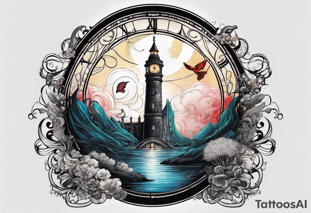Cohesive sleeve with elements from 1984, a series of unfortunate events, tattoo idea