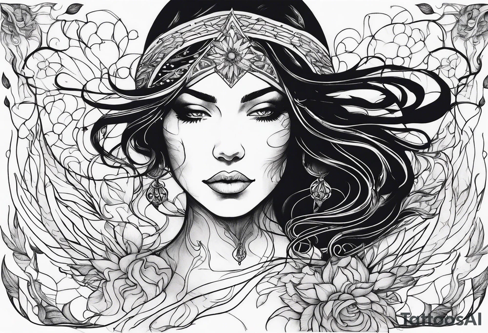 Resurrection strength and courage Beautiful Woman walking through fire and chaos to inner peace and self-love  ethereal tattoo idea