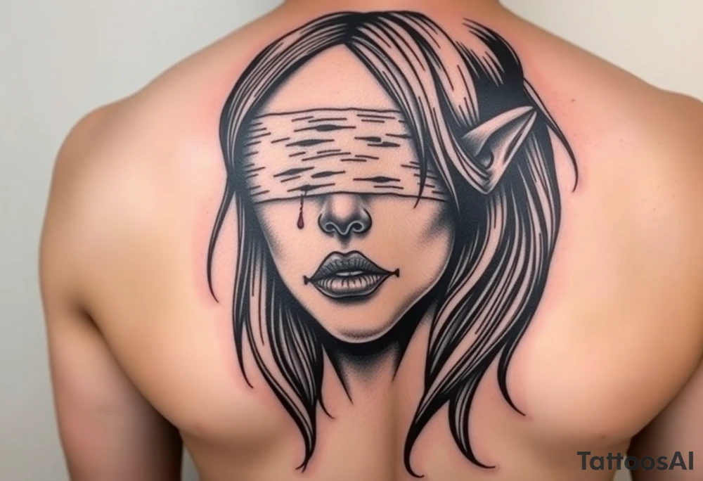 Women that has big eyes but her eyes are not there cause she is blind with a nose and long long hair that is flowing down her chest and back and her big lips are sown shut like stitches to her mouth and her ears both are bleeding tattoo idea