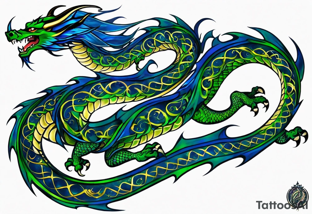 Tribal Tattoo: An epic with no wings, floating. Its long body coiling dynamically, with scales and horns detailed to create a sense of movement and strength. The dragon's main color is midnight blue but features little accents in green, blue, and gold, giving a vibrant depth and a mystical aura. This tattoo highlights the dragon’s fierce expression and sharp claws as it wraps protectively around the leg. Style: Tribal tattoo idea
