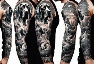 (full arm sleeve on guy) with (4) Four Great Dane floppy ear dogs with an outdoor vibe tattoo idea