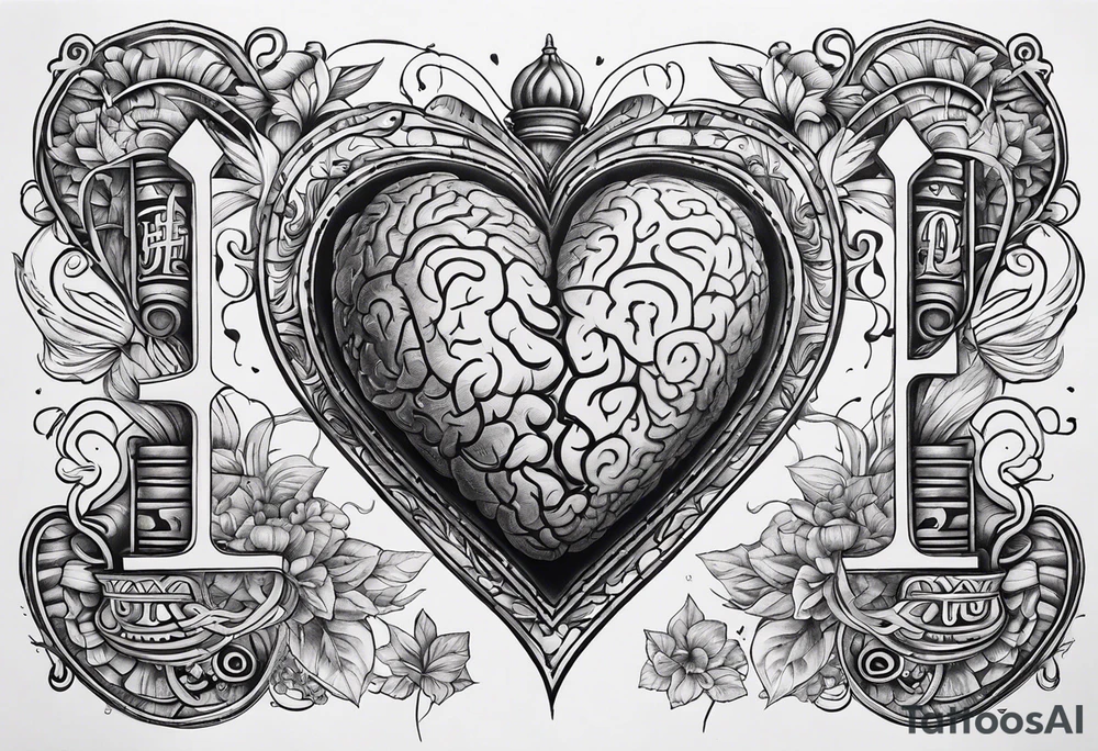 Heart bottom left a backslash line containing the word balance mid way brain top right tattoo idea