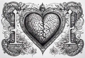 Heart bottom left a backslash line containing the word balance mid way brain top right tattoo idea