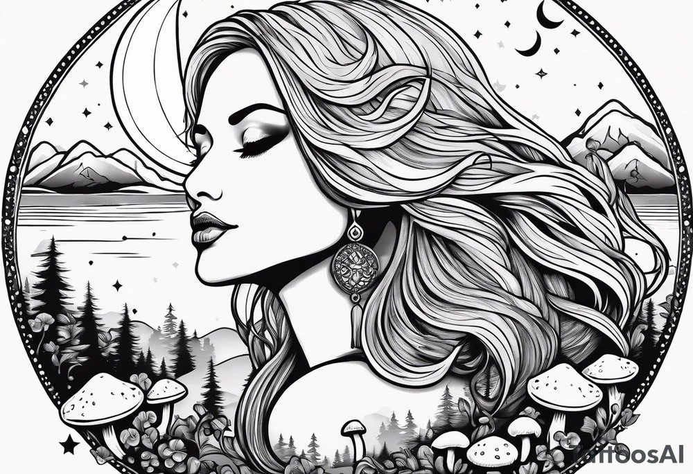 Fat older blonde woman long hair small lips surrounded by mushrooms crescent moon mountains background "GRACEFUL" tattoo idea
