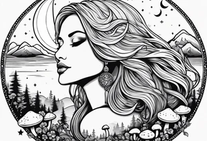 Fat older blonde woman long hair small lips surrounded by mushrooms crescent moon mountains background "GRACEFUL" tattoo idea