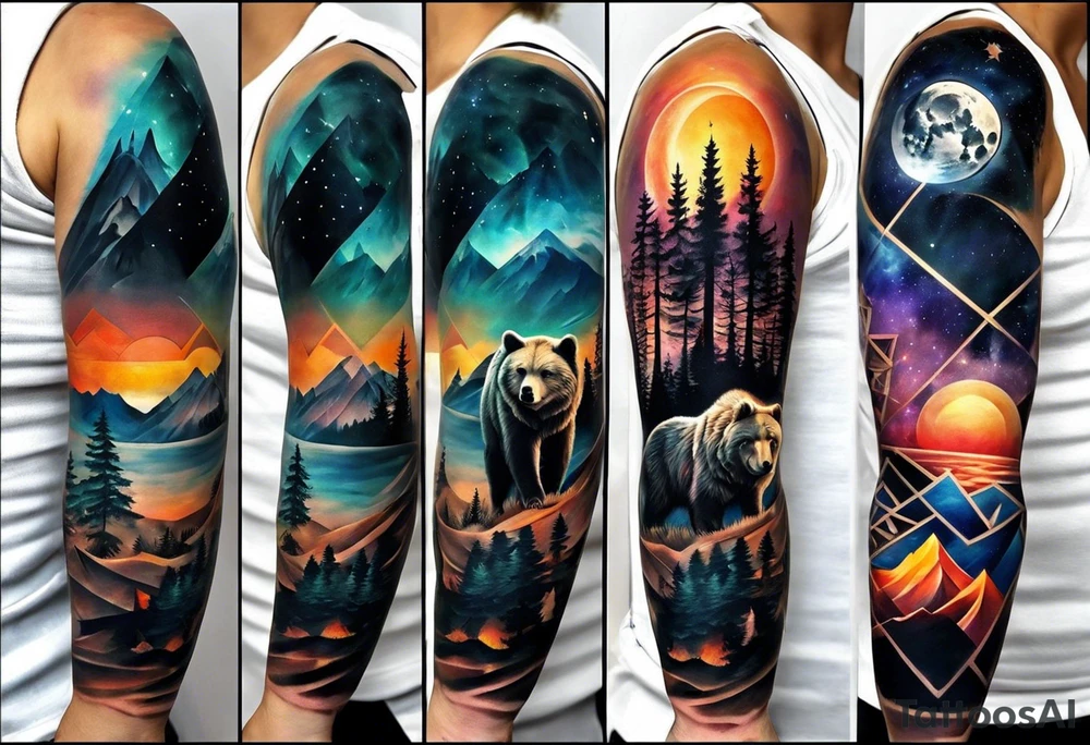 Full sleeve tattoo. The design should include space, stars, forest, sunset, mountains, cliffs, waterfall, water, ocean, wild animals (bear, wolves, elephant), and inserts of triangles and geometric figures. I have two children – a son, Sergei (the eldest), and a daughter, Anna, who live with me and my wife. But I also have another daughter, Marianna, whom I haven't seen for a long time and eagerly await to meet. The tattoo should symbolize love and protection for my children and family, the desire to secure their future, and confidence in tomorrow. It should reflect the notion of not looking back, but always moving forward and achieving goals! tattoo idea