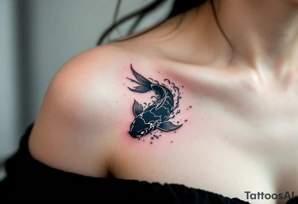 Black Koi in Stormy Water – A dark, shadowy koi with subtle silver highlights, battling rough waves, signifying overcoming adversity. tattoo idea