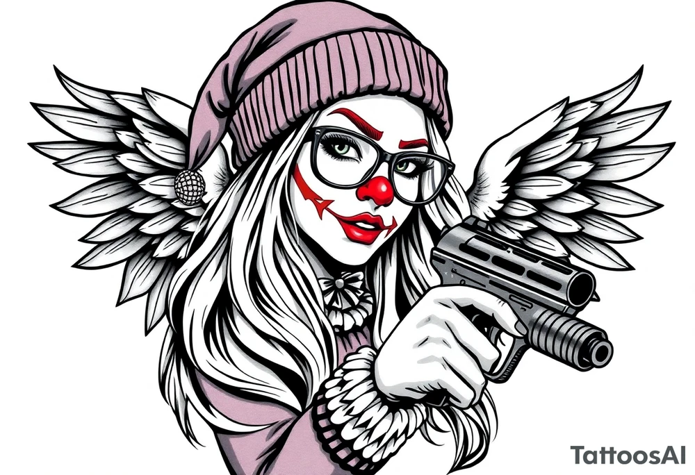 beautiful long hair Clown Girl thug beanie eyeglasses angel wings Gun smoke tattoo idea